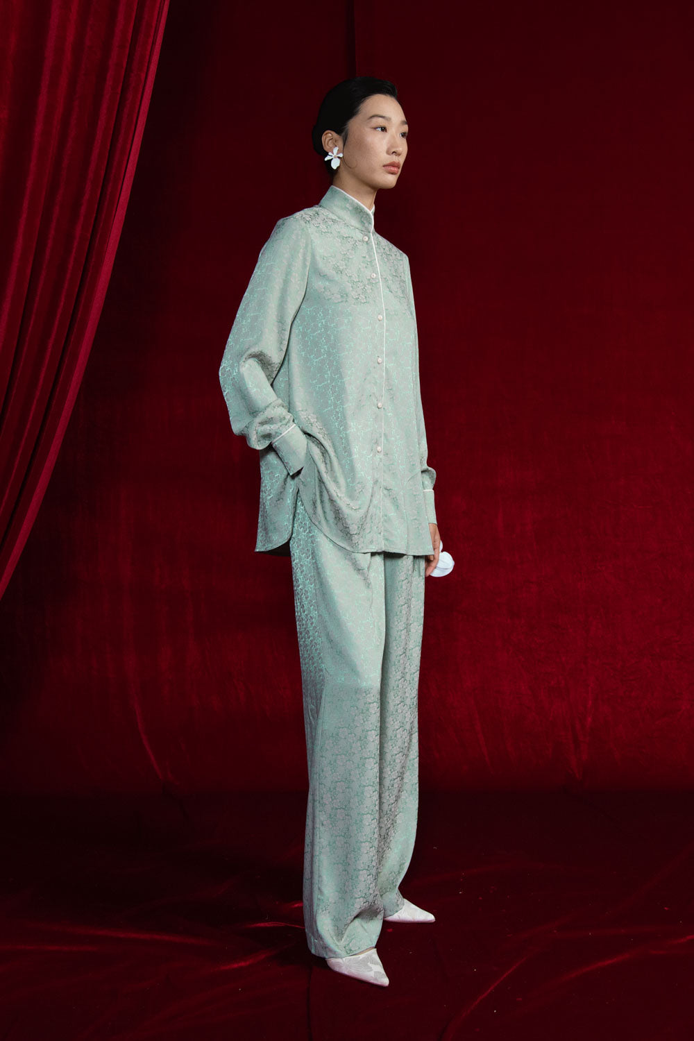 Cam Vien Straight Wide Leg Silk Floor Length Pants