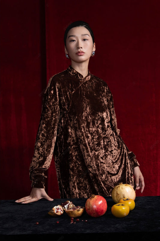 Dien Huong Crossover Mandarin Neck Velvet Top