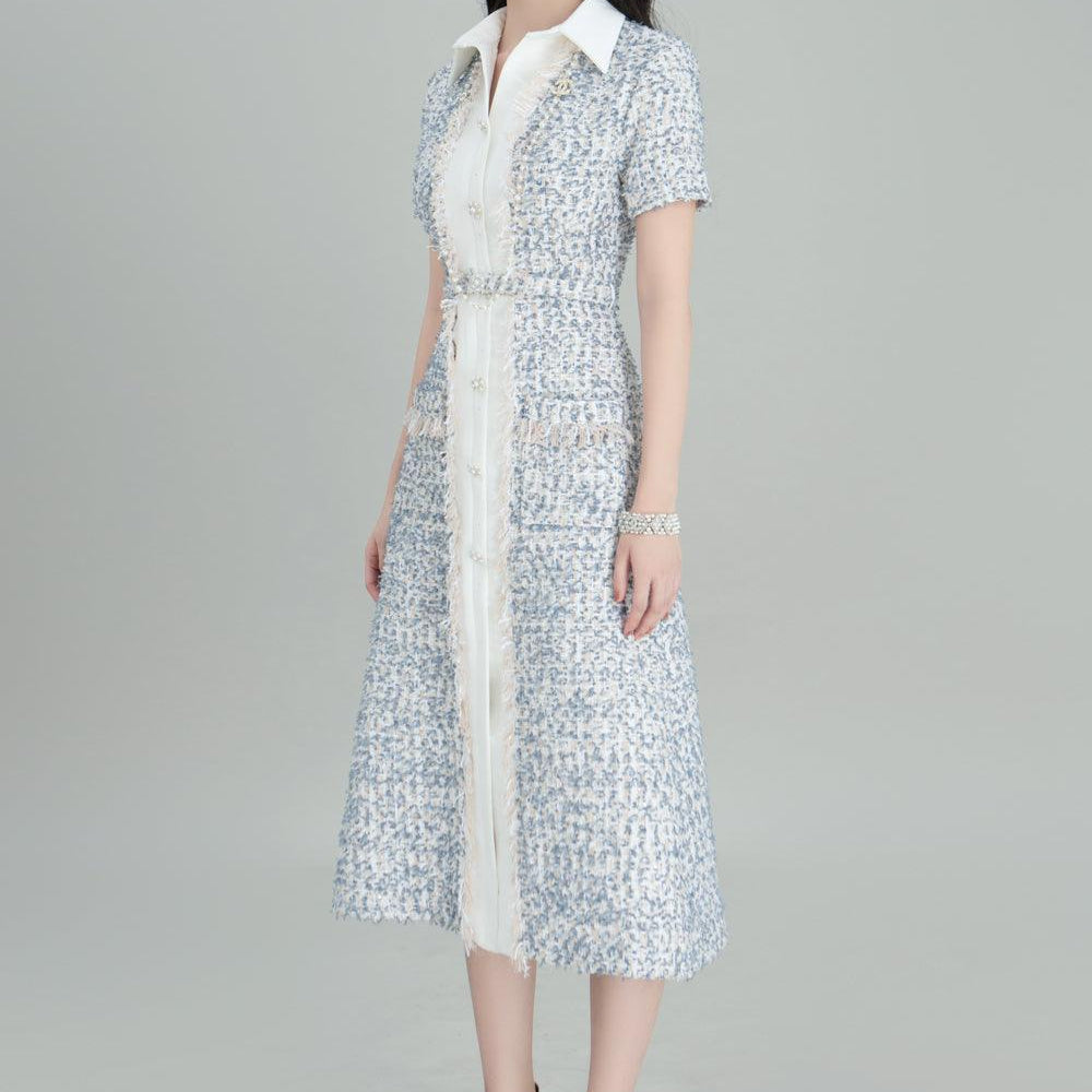 Yuki A-line Short Sleeved Tweed Midi Dress - MEAN BLVD