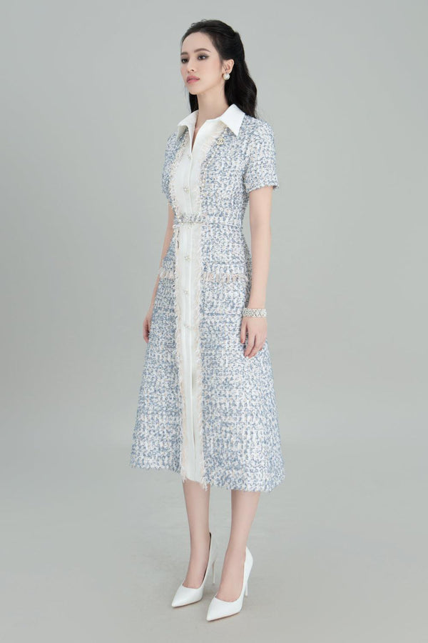 Yuki A-line Short Sleeved Tweed Midi Dress