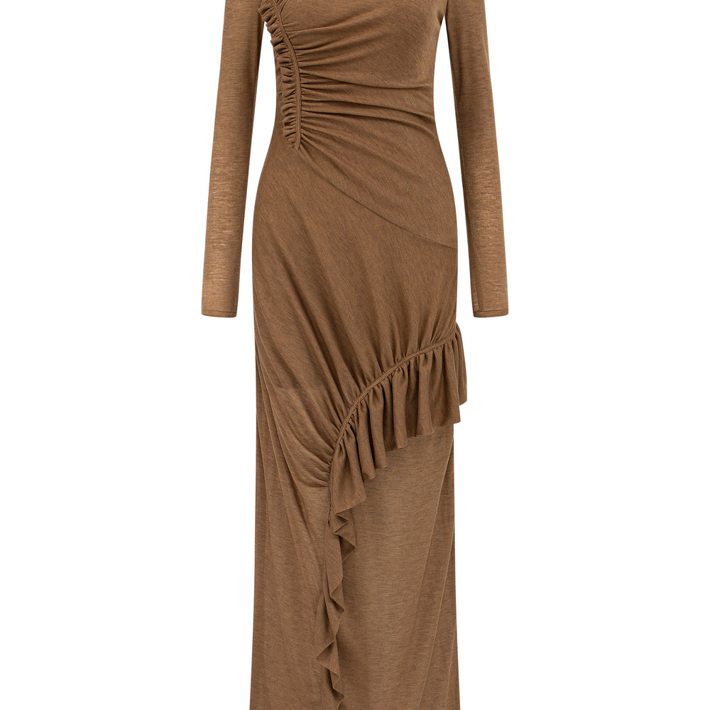 Women's Noir Round Neck Ruffle Maxi Dress S/M/L/Customize Caramel MEAN BLVD Women's Noir Round Neck Ruffle Maxi Dress S/M/L/Customize Caramel MEAN BLVD