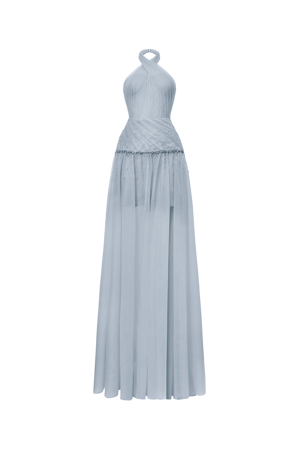 Uranette Gathered Criss Cross Neck Mesh Floor Length Dress