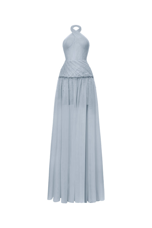 Uranette Gathered Criss Cross Neck Mesh Floor Length Dress