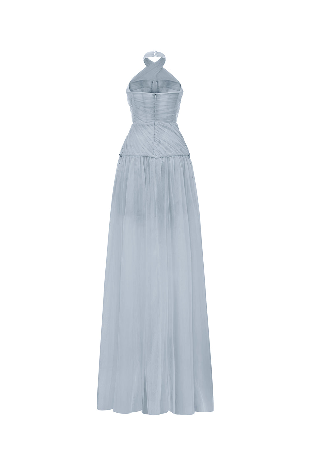Uranette Gathered Criss Cross Neck Mesh Floor Length Dress