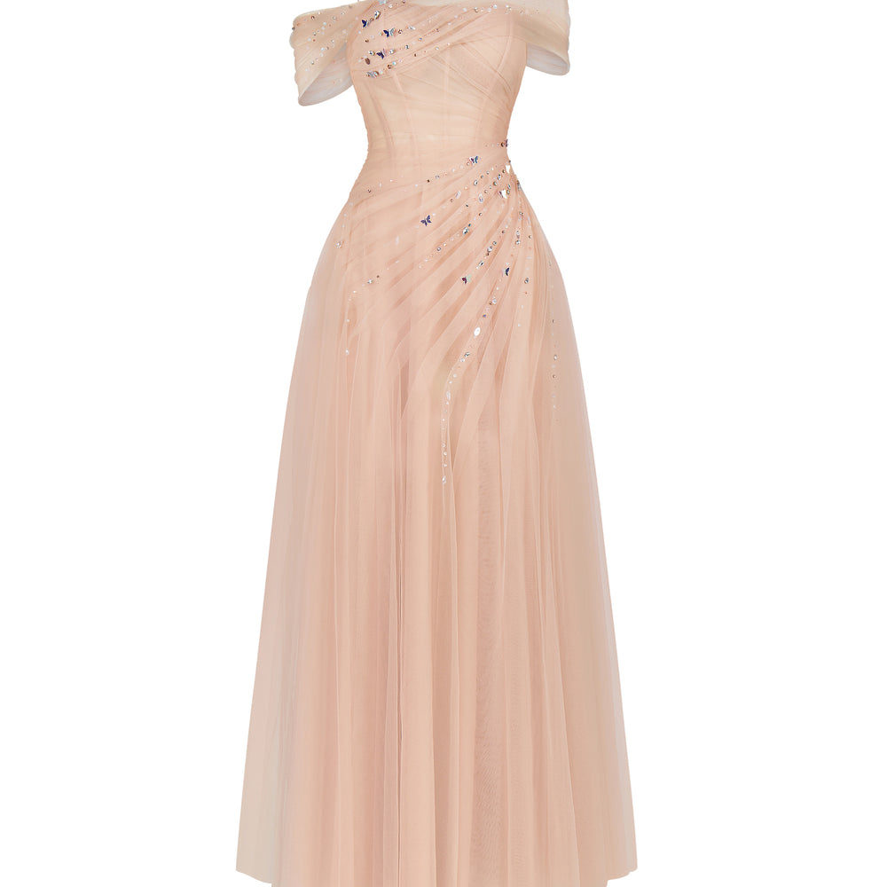 Floréa A-line Asymmetric Sleeved Tulle Floor Length Dress