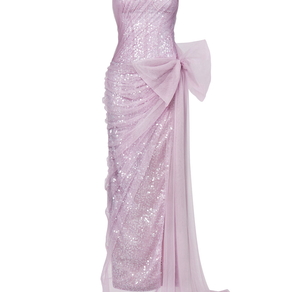 Luminelle Slit Extended Flap Mesh Lace Floor Length Dress