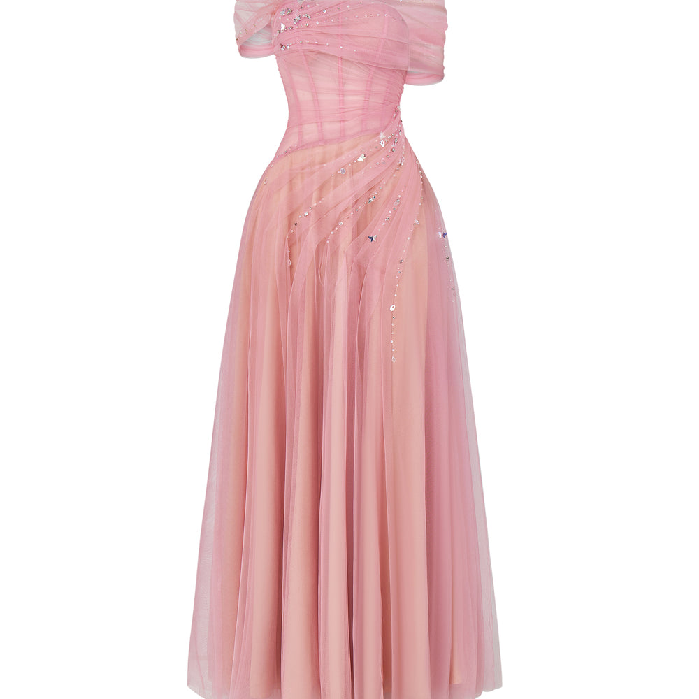 Floréa A-line Asymmetric Sleeved Tulle Floor Length Dress