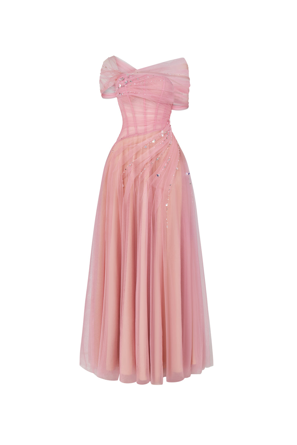 Floréa A-line Asymmetric Sleeved Tulle Floor Length Dress