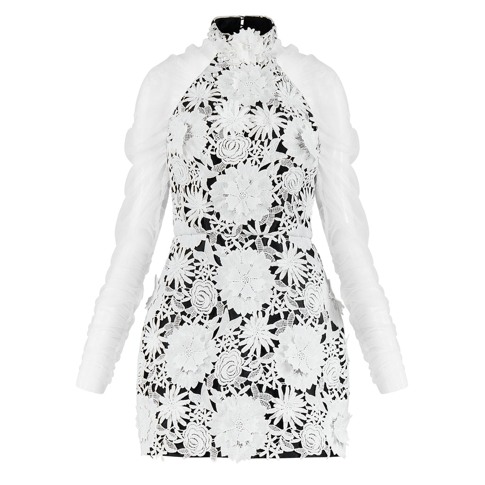 Petalia A-line Halter Neck Lace Mini Dress