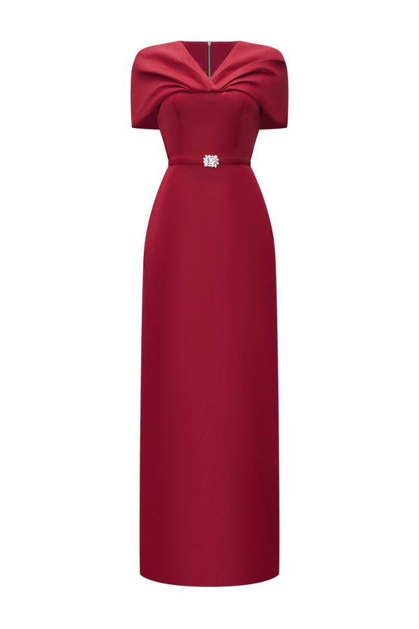 Fiorelle Sheath Cape Sleeved Satin Maxi Dress