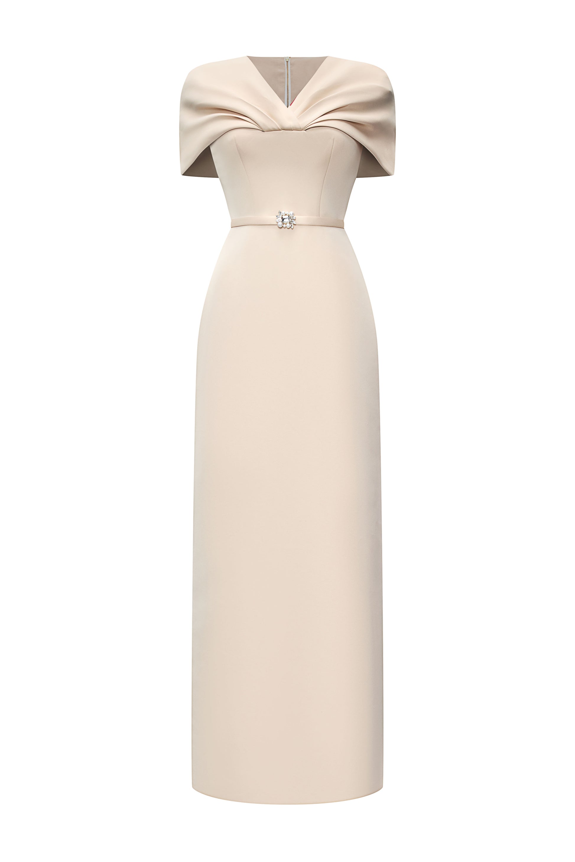 Women's Fiorelle Sheath Cape Sleeved Satin Maxi Dress S/M/L/Customize Beige Champagne/Samba Red MEAN BLVD Women's Fiorelle Sheath Cape Sleeved Satin Maxi Dress S/M/L/Customize Beige Champagne/Samba Red MEAN BLVD