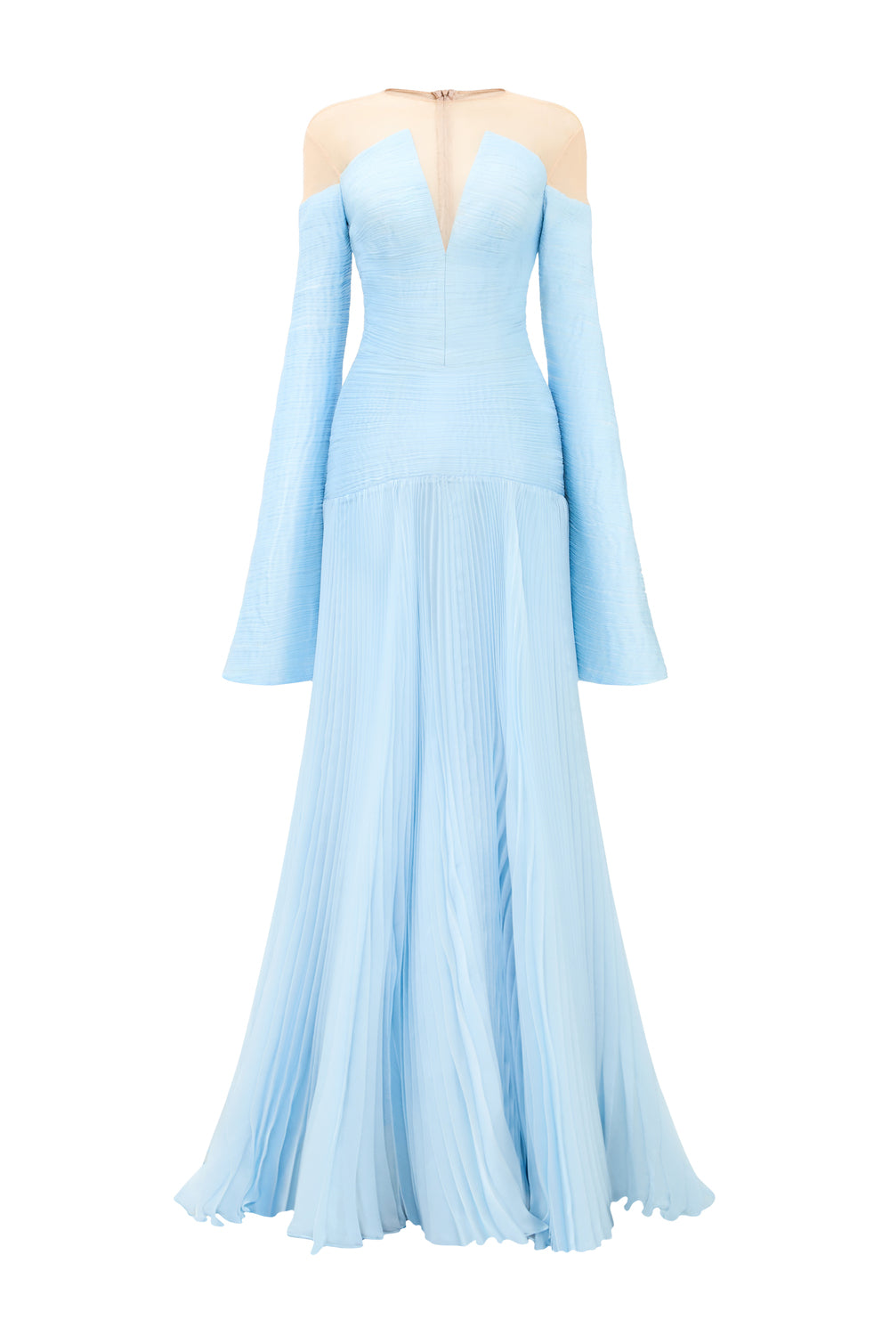 Azure Rhapsody Wide Sleeve Pleated Maxi Dress