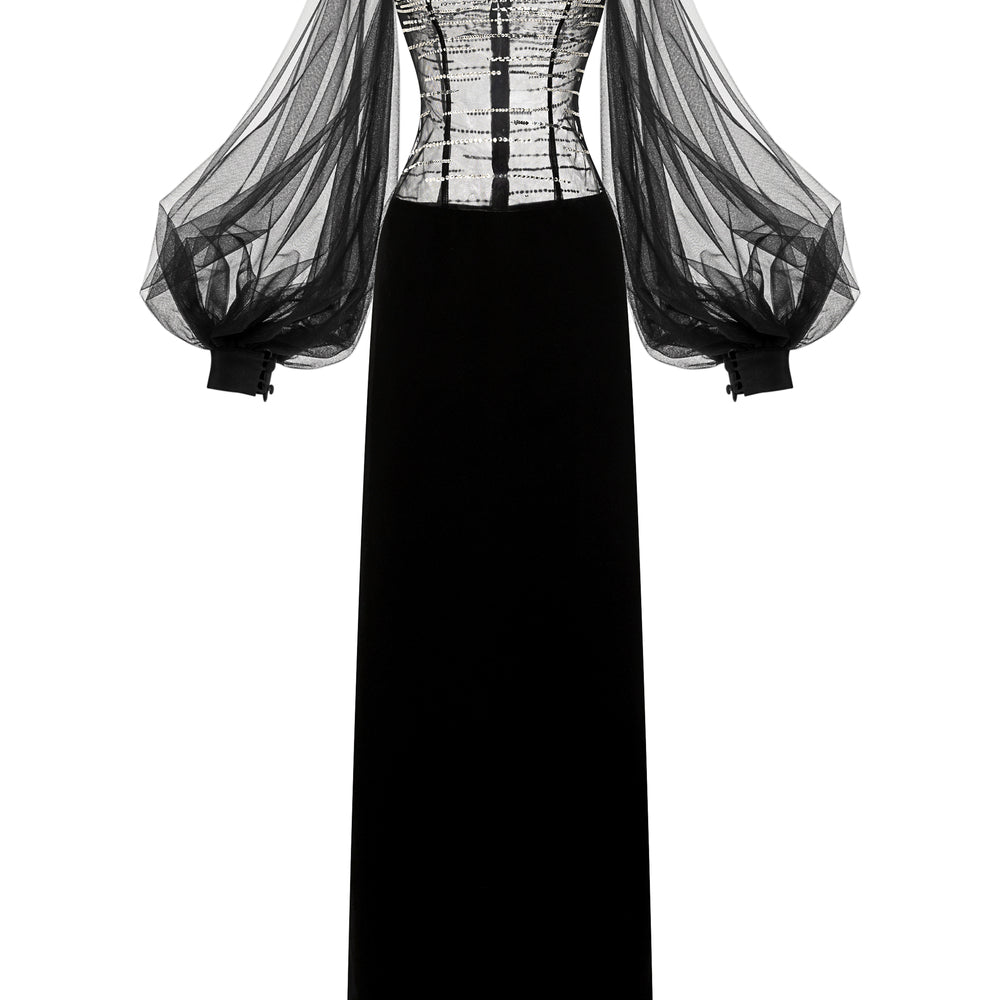 Kaelis Sheath Bishop Sleeved Crepe Floor Length Dress