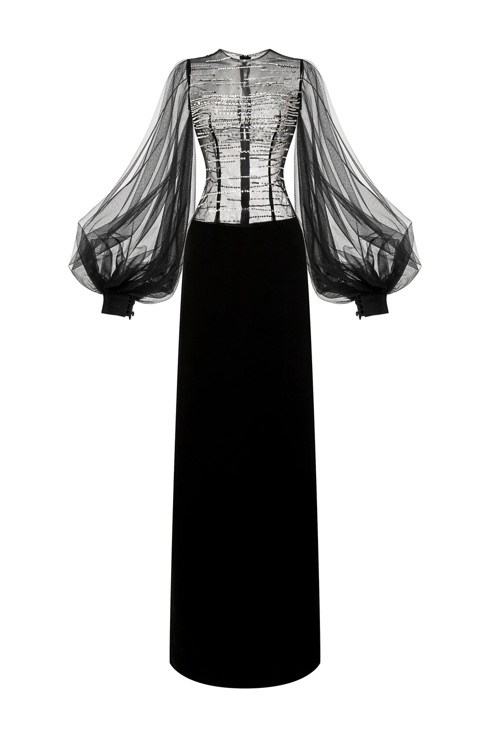 Kaelis Sheath Bishop Sleeved Crepe Floor Length Dress