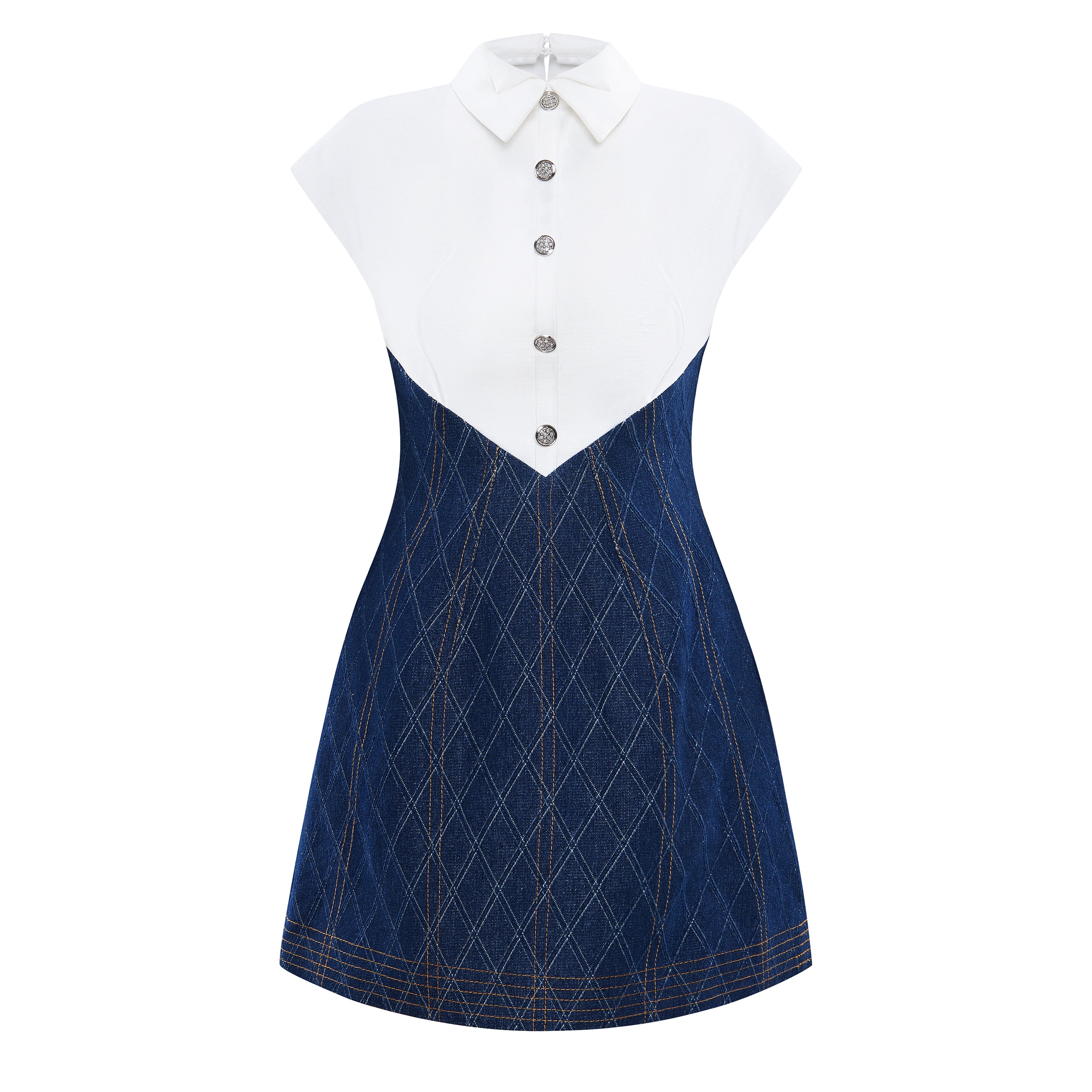 Women's Clarisse A-line Collared Neck Denim Mini Dress S/M/L/Customize White/Navy Harlequin MEAN BLVD M / White/Navy / Harlequin Women's Clarisse A-line Collared Neck Denim Mini Dress S/M/L/Customize White/Navy Harlequin MEAN BLVD M / White/Navy / Harlequin