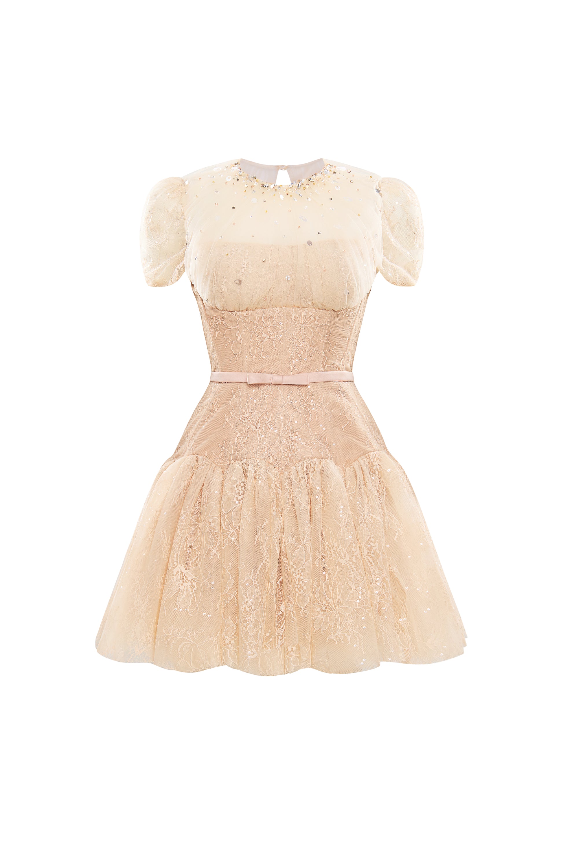 Women's Sabine A-line Puffy Sleeved Chantilly Lace Mini Dress S/M/L/Customize Beige Champagne Floral MEAN BLVD Women's Sabine A-line Puffy Sleeved Chantilly Lace Mini Dress S/M/L/Customize Beige Champagne Floral MEAN BLVD