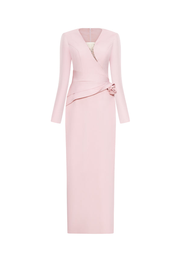 Velisse Sheath V-Neck Khaki Spandex Midi Dress