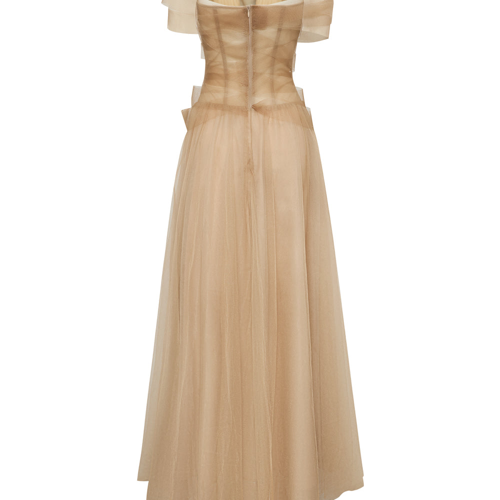 Yloria A-line Corset Waist Tulle Midi Dress