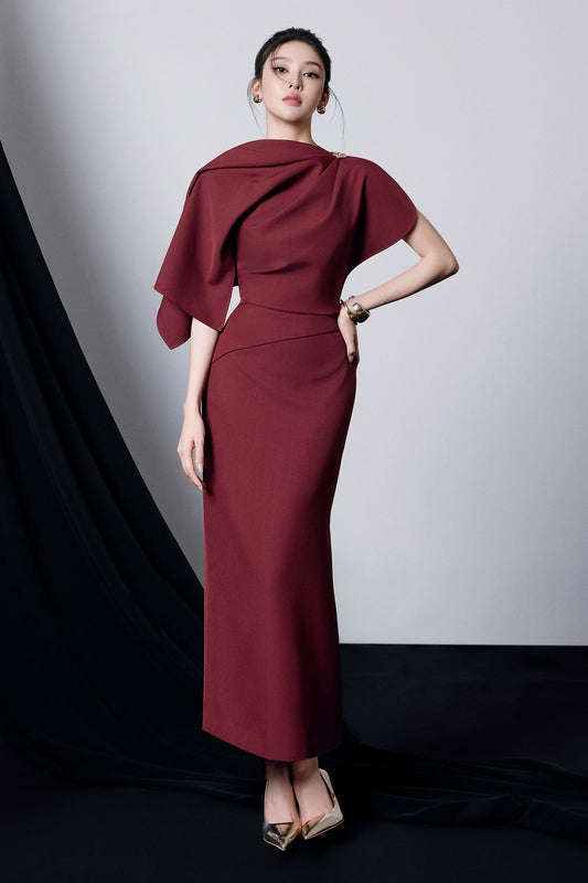 Agnes Asymmetric Sleeve Draped Midi Dress - MEAN BLVD
