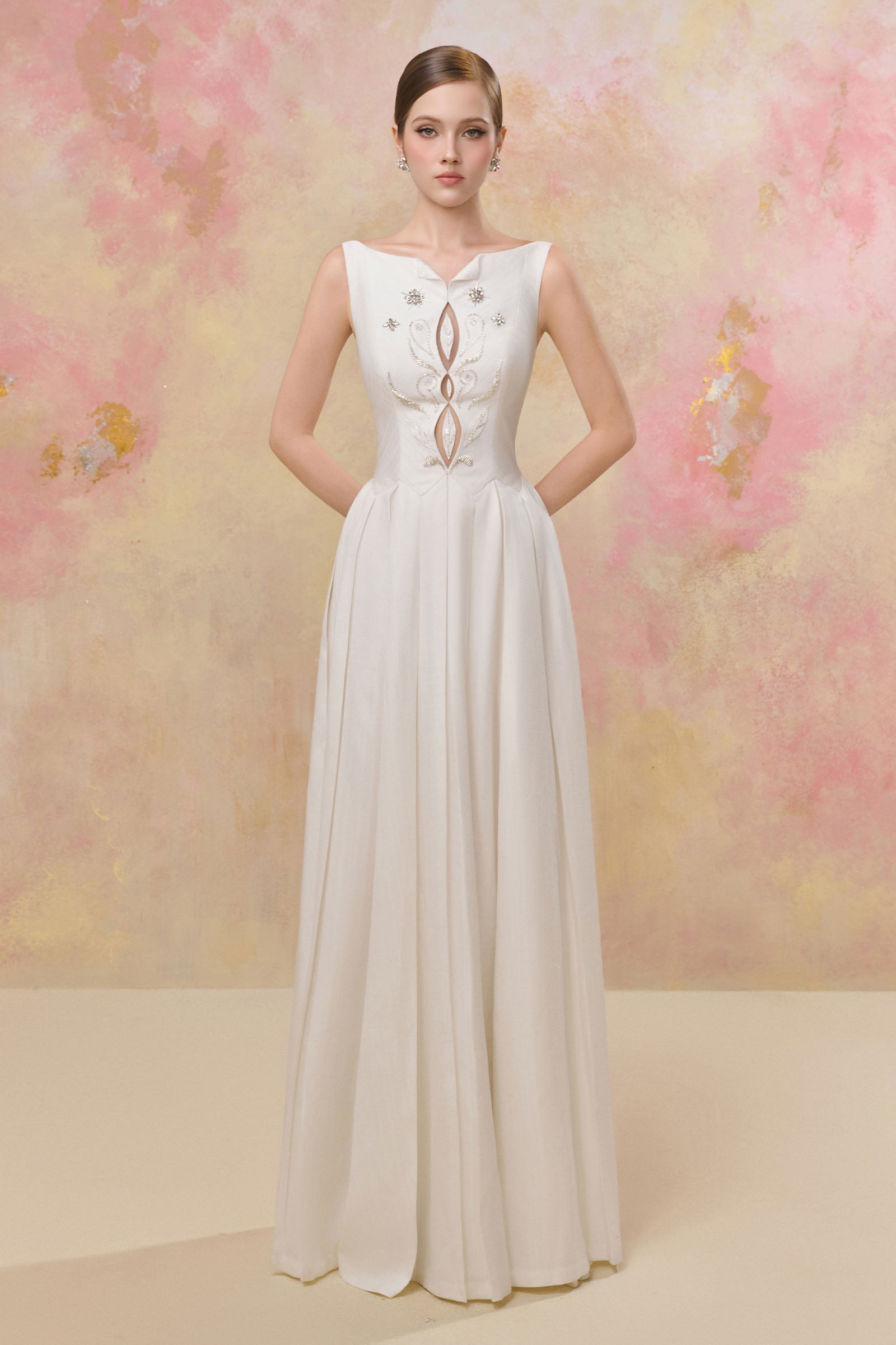 boat neck white dress maxi JOSÉPHINE • Alina Embellished Maxi Dress White / L