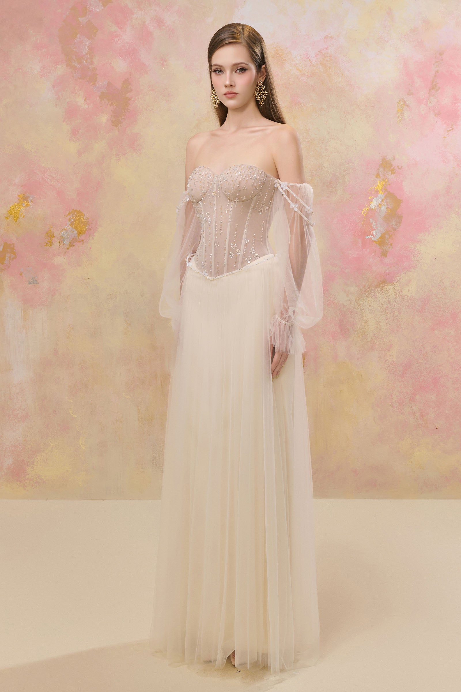 Women's Alistar Cold Shoulder Sleeve Maxi Dress Beige S/M/L/Customize MEAN BLVD