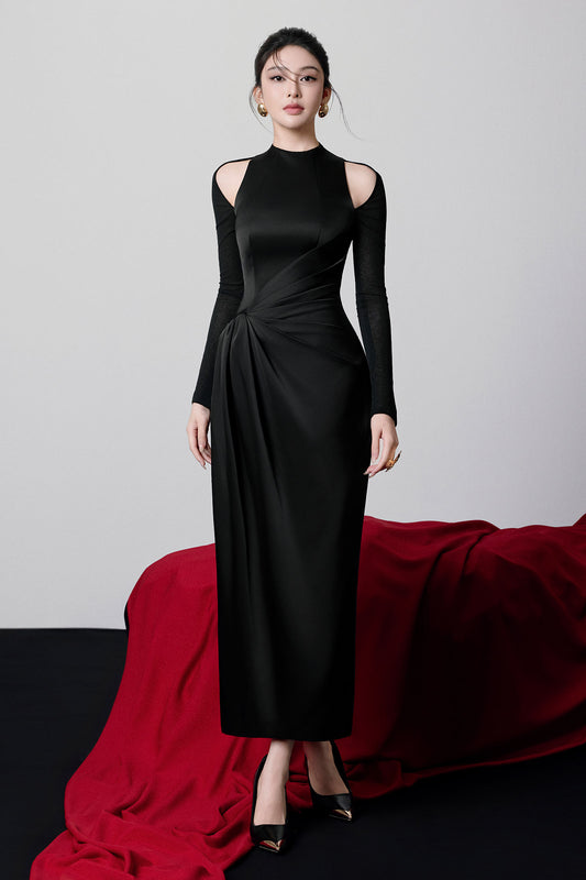 Allure Cold Shoulder Sleeve Draped Midi Dress - MEAN BLVD