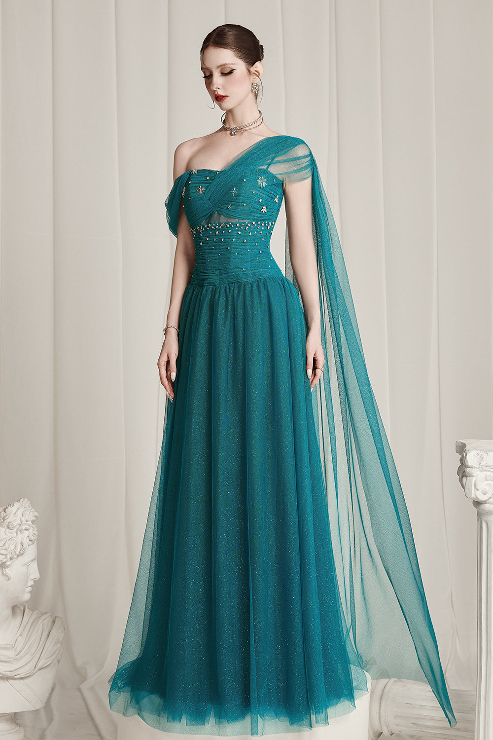 Women's Andromé Asymmetric Neck Maxi Dress Peacock Green S/M/L/Customize  MEAN BLVD