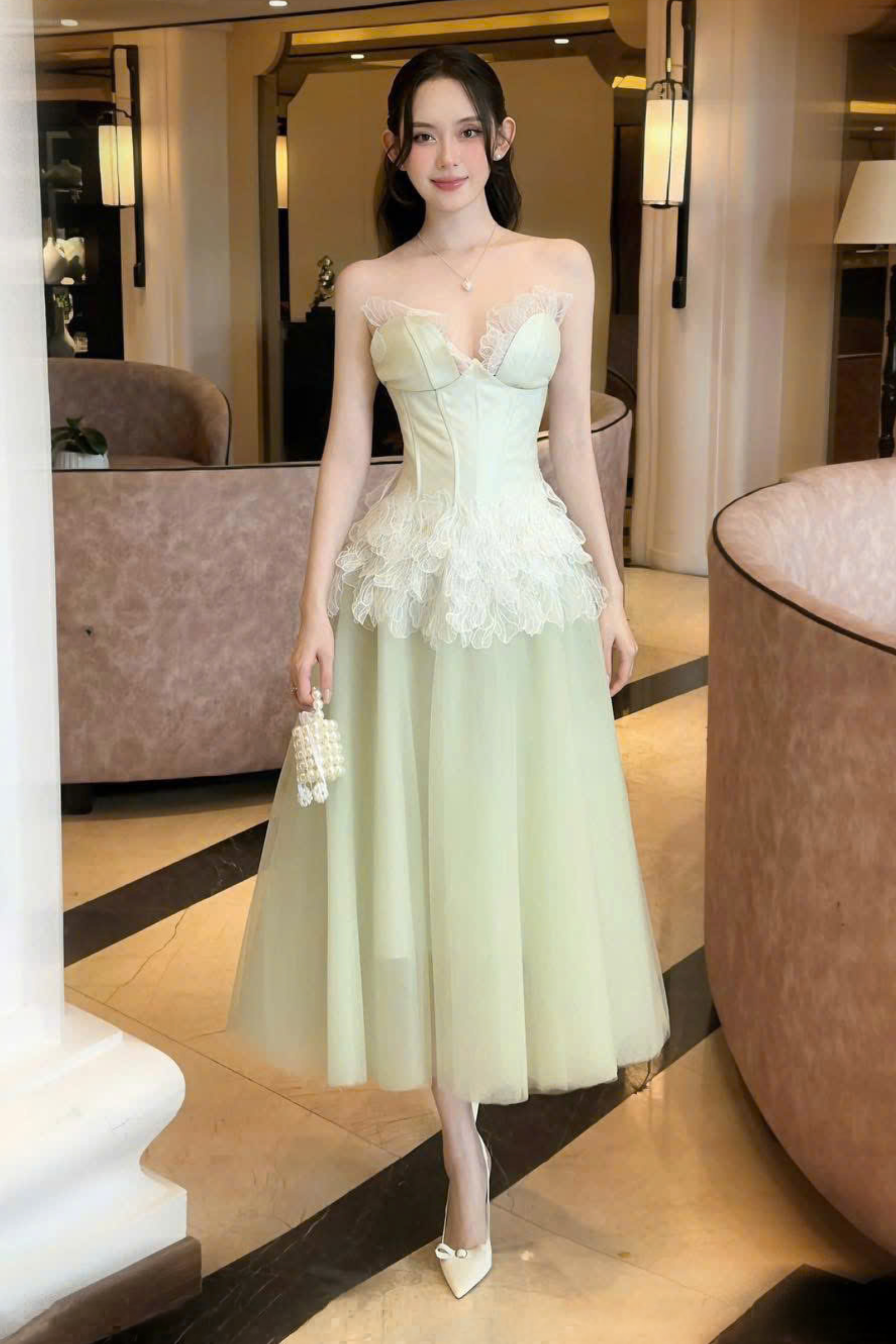 Chlorys Ball Gown Illusion Neck Mesh Taffeta Midi Dress