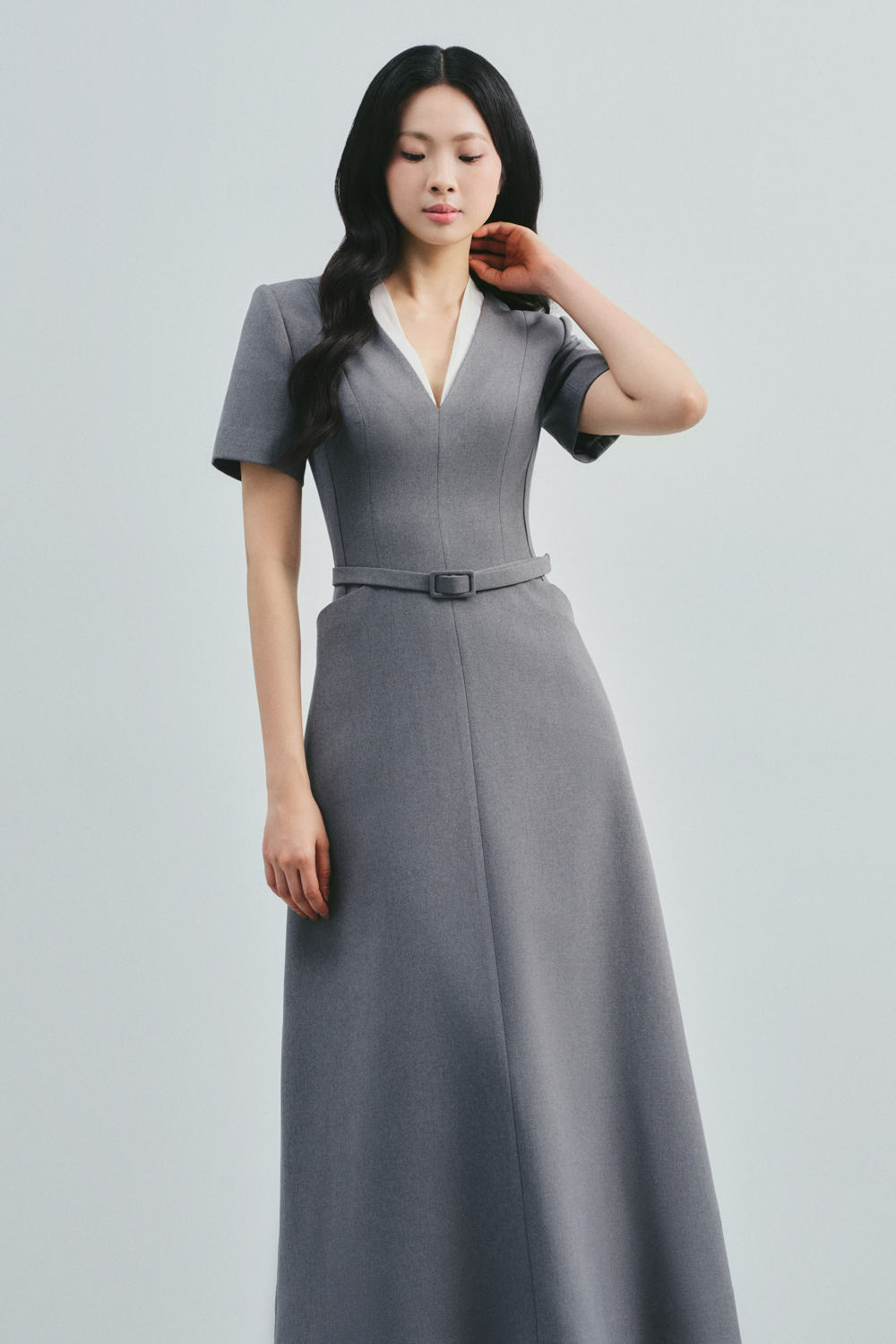 Women's Apphia V-Neck Seam Pocket Midi Dress S/M/L Light Gray MEAN BLVD Light Gray / S Women's Apphia V-Neck Seam Pocket Midi Dress S/M/L Light Gray MEAN BLVD Light Gray / S