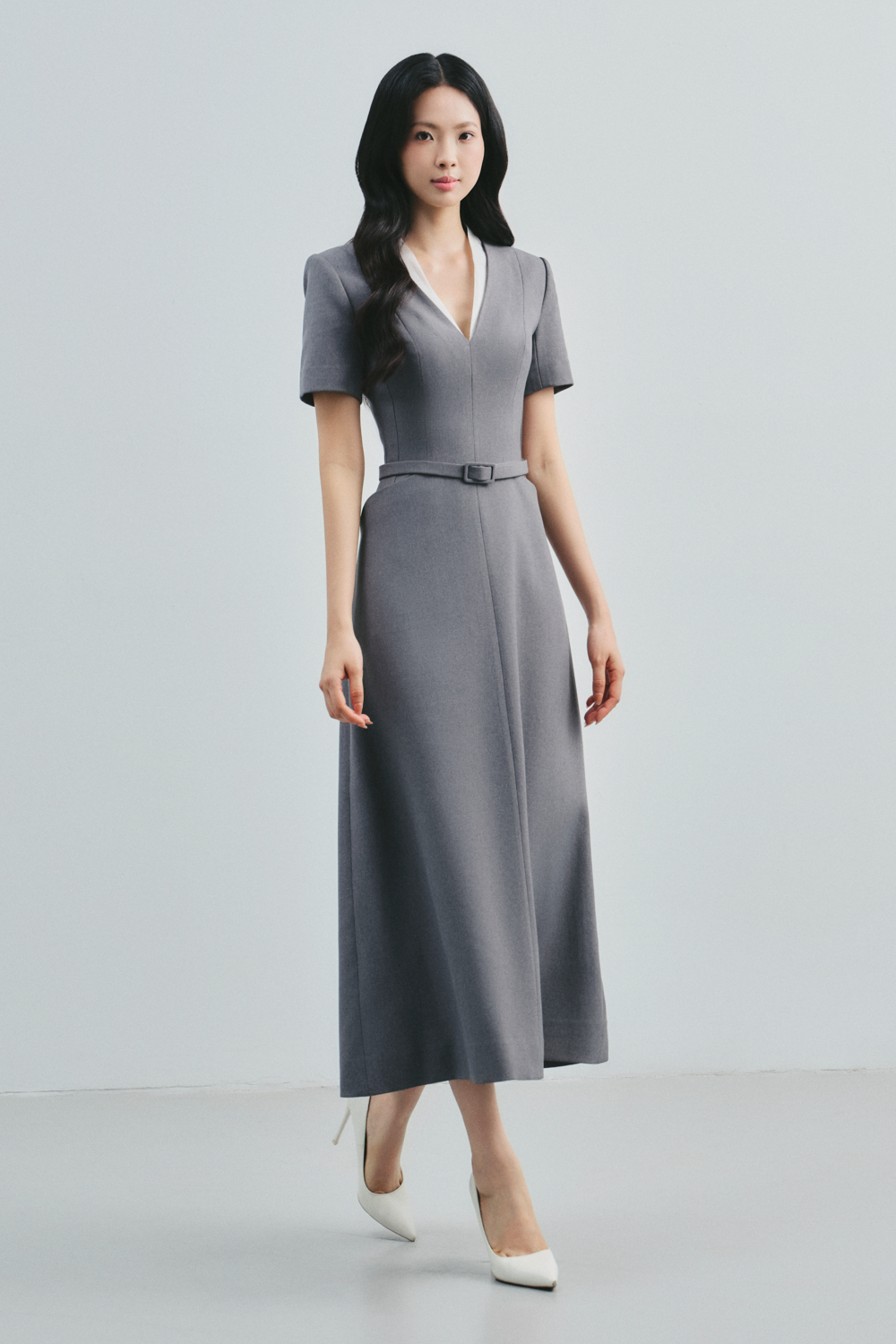 midi pocket dress Women's Apphia V-Neck Seam Pocket Midi Dress S/M/L Light Gray MEAN BLVD Light Gray / M