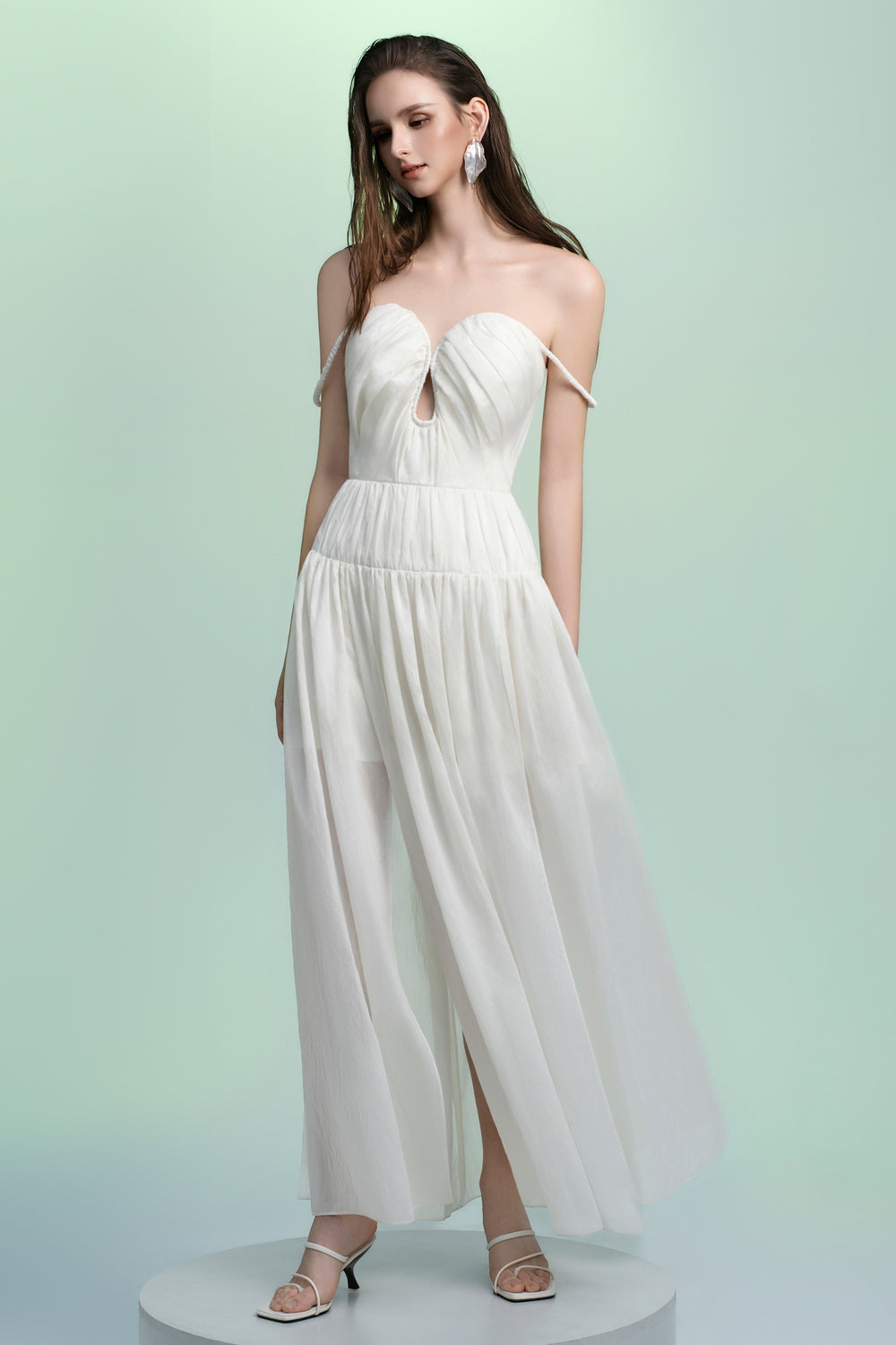 Women's Arianna Drop Waist Teardrop Cut-Out Polyester Blend Maxi Dress S/M/L/XL/Customize Light Green/Light Beige MEAN BLVD Light Green / M Women's Arianna Drop Waist Teardrop Cut-Out Polyester Blend Maxi Dress S/M/L/XL/Customize Light Green/Light Beige MEAN BLVD Light Green / M