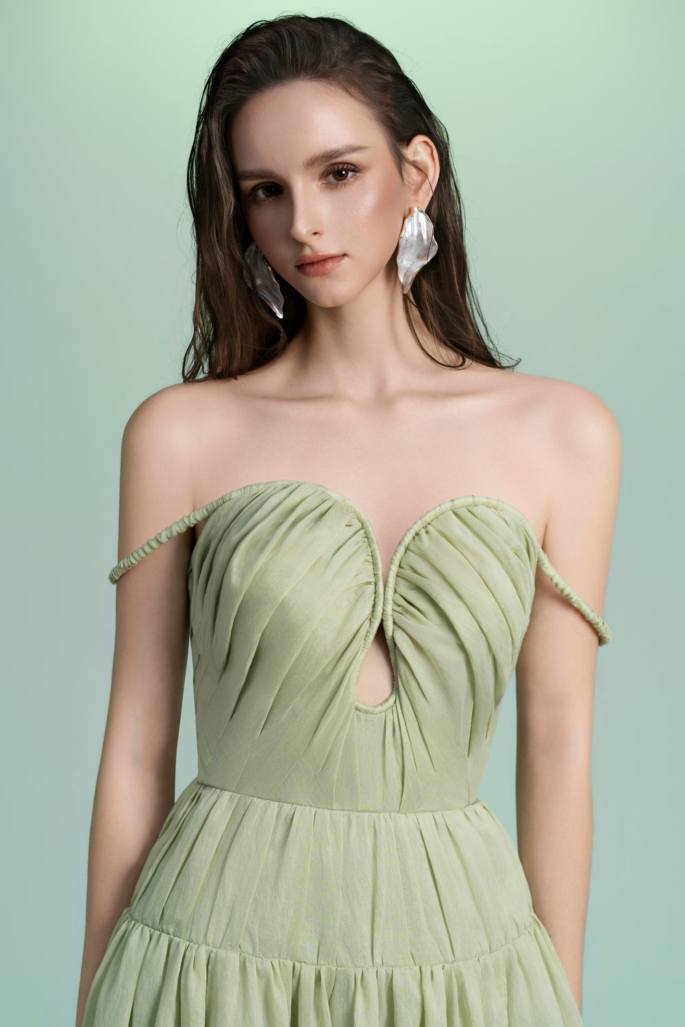 Women's Arianna Drop Waist Teardrop Cut-Out Polyester Blend Maxi Dress S/M/L/XL/Customize Light Green/Light Beige MEAN BLVD, Light Green / S Women's Arianna Drop Waist Teardrop Cut-Out Polyester Blend Maxi Dress S/M/L/XL/Customize Light Green/Light Beige MEAN BLVD, Light Green / S
