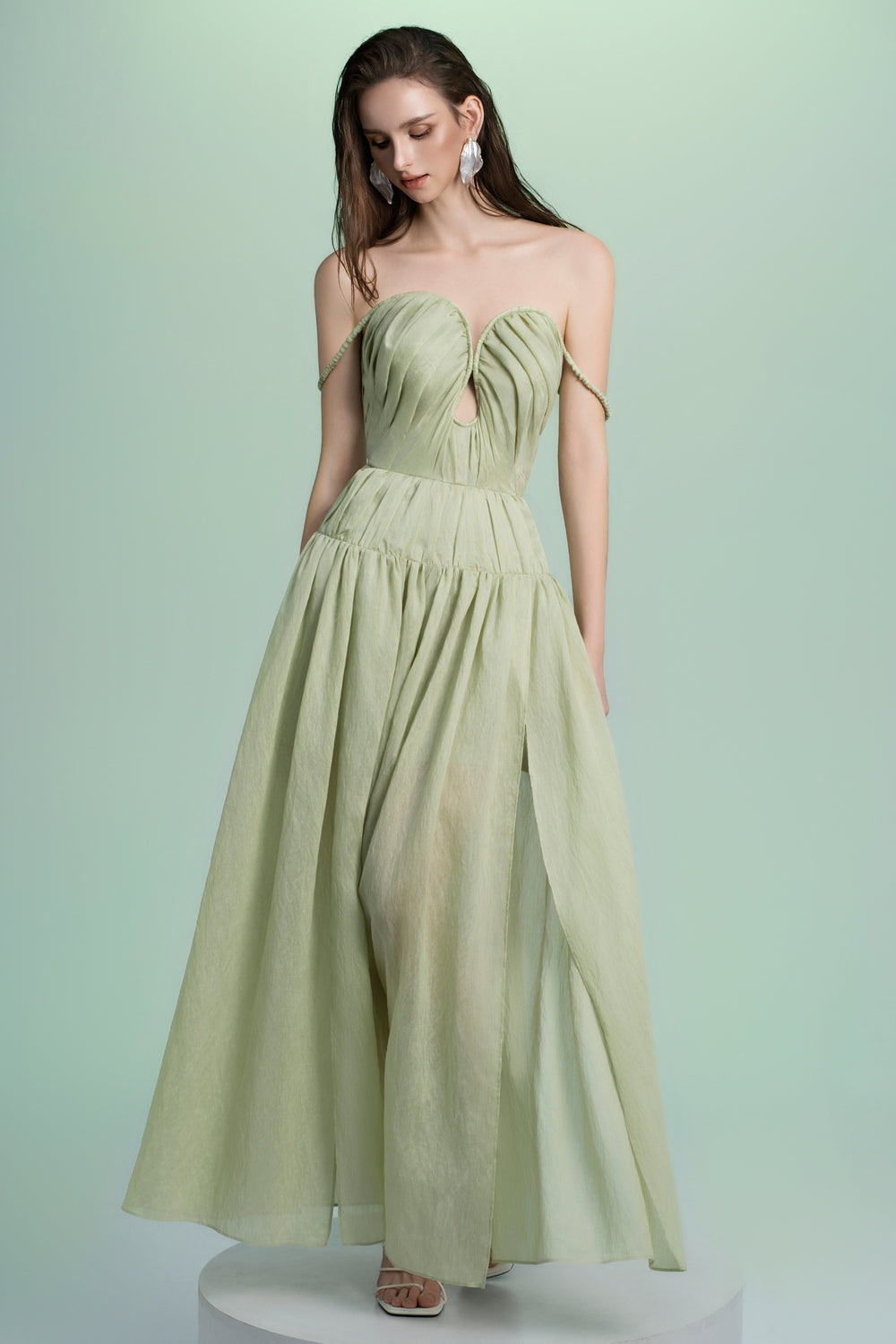 Women's Arianna Drop Waist Teardrop Cut-Out Polyester Blend Maxi Dress S/M/L/XL/Customize Light Green/Light Beige MEAN BLVD Light Green / M Women's Arianna Drop Waist Teardrop Cut-Out Polyester Blend Maxi Dress S/M/L/XL/Customize Light Green/Light Beige MEAN BLVD Light Green / M