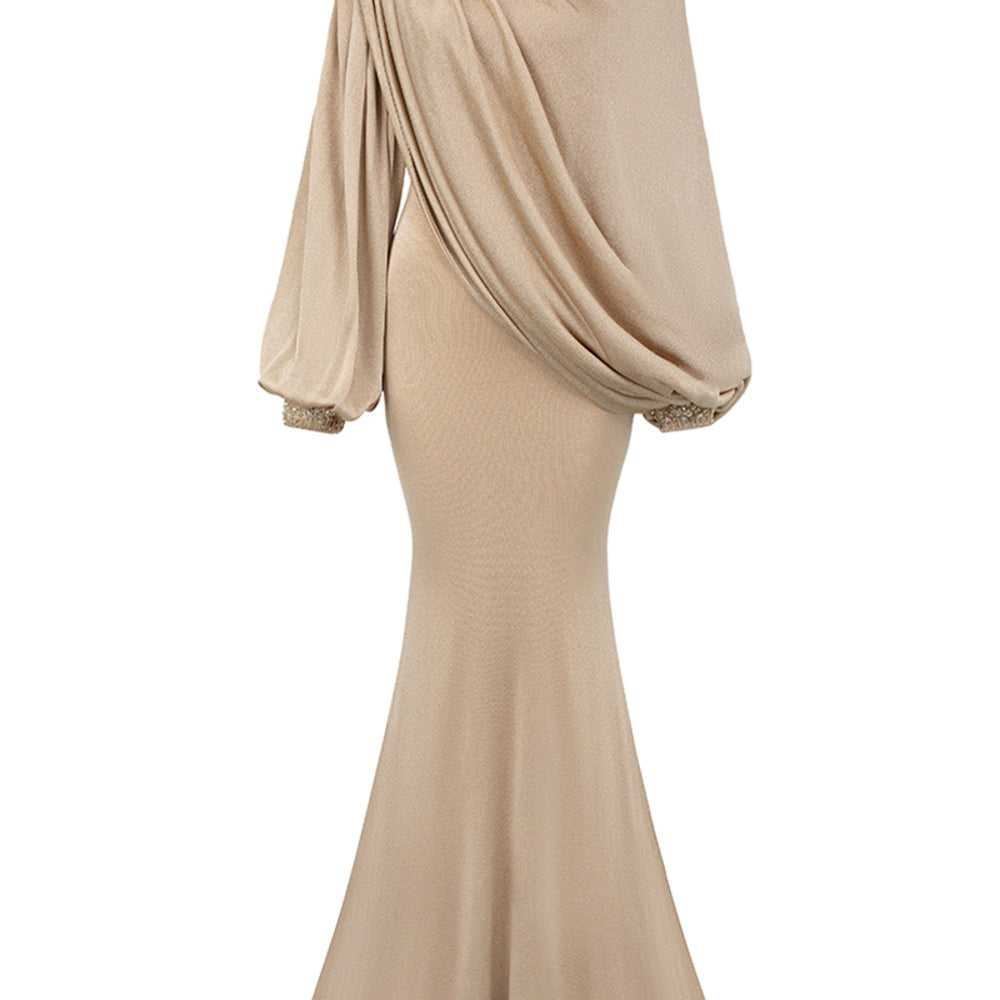 Leona Mermaid Asymmetric Sleeved Jersey Floor Length Dress