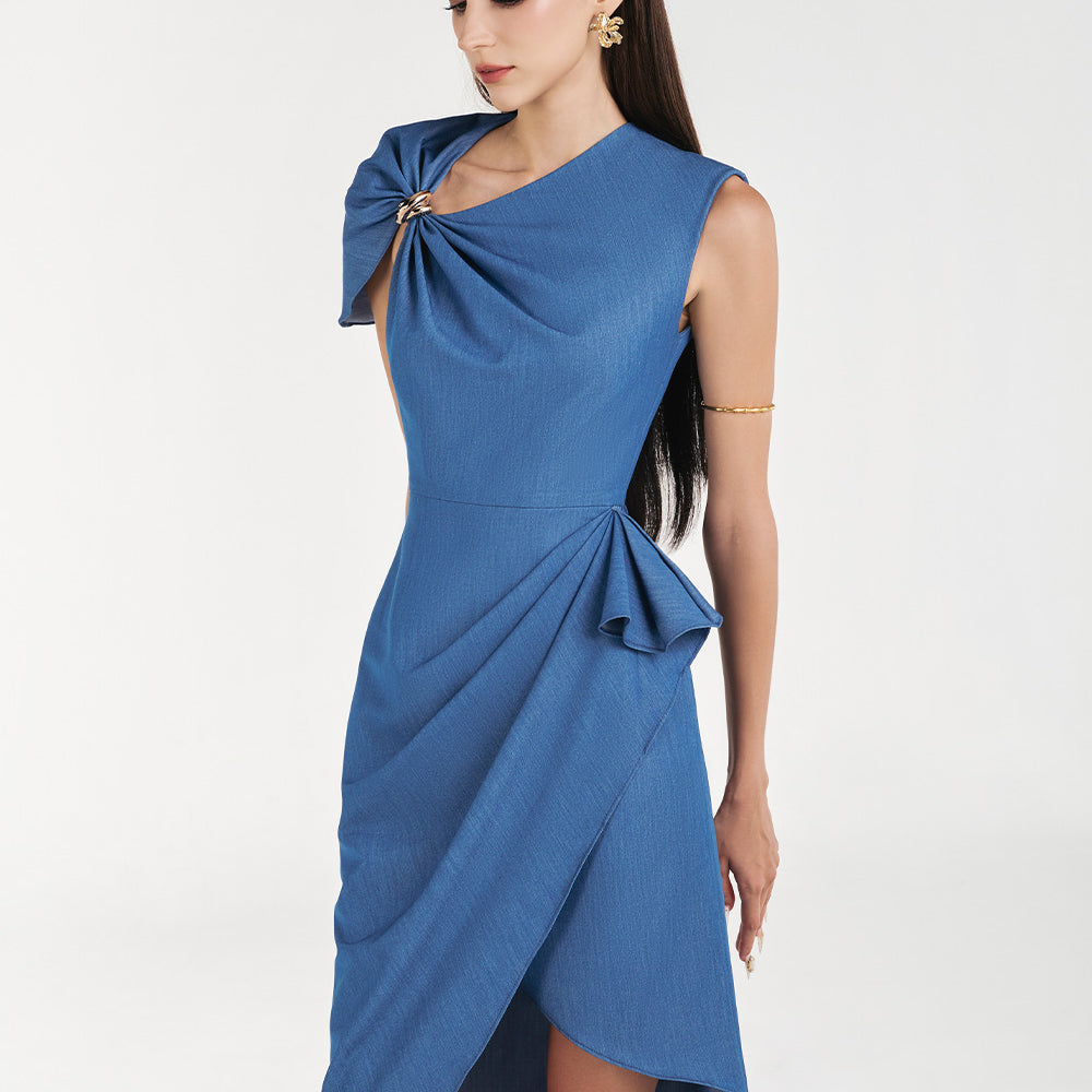 Audra Wrap Asymmetric Sleeved Denim Knee-length Dress