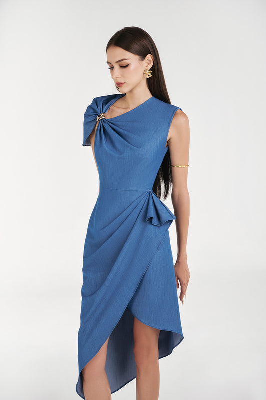 Audra Wrap Asymmetric Sleeved Denim Knee-length Dress