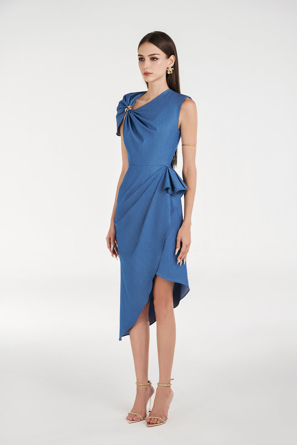 Audra Wrap Asymmetric Sleeved Denim Knee-length Dress