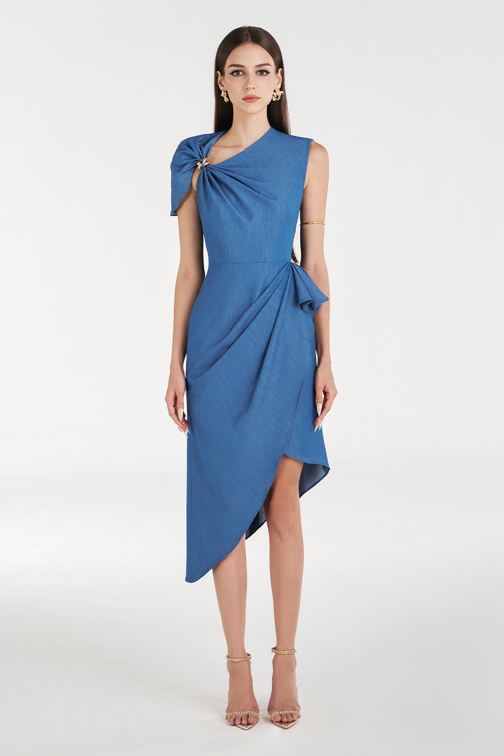 Audra Wrap Asymmetric Sleeved Denim Knee-length Dress