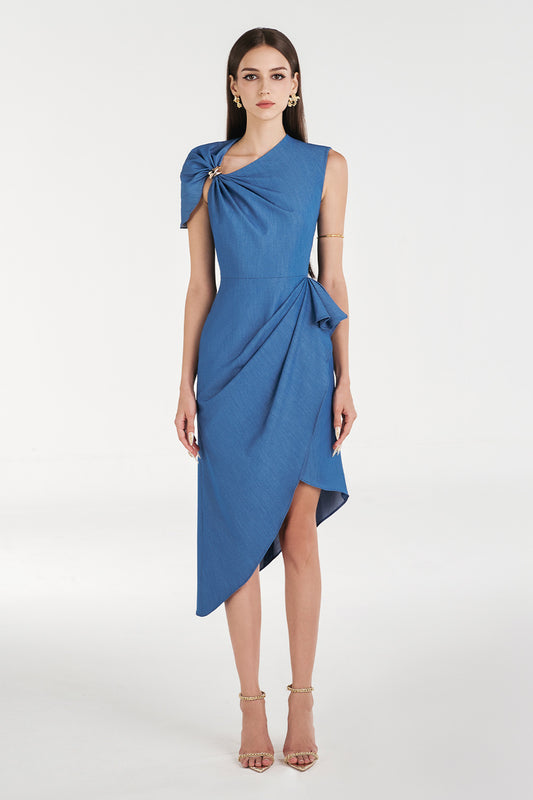 Audra Wrap Asymmetric Sleeved Denim Knee-length Dress