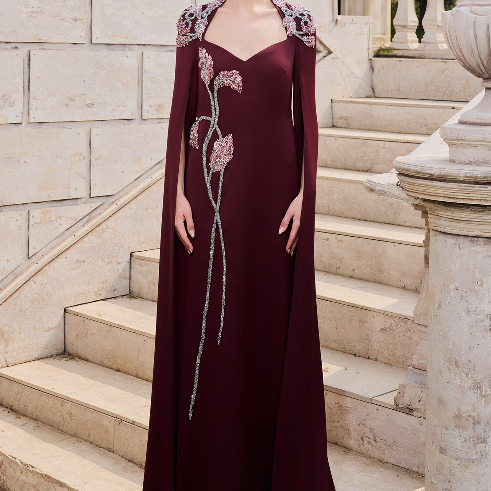 autumn evening dress Women's Autumn Cape Sleeve Maxi Dress Burgundy XS/S/M/L/XL/XXL/Customize MEAN BLVD Burgundy / Customize