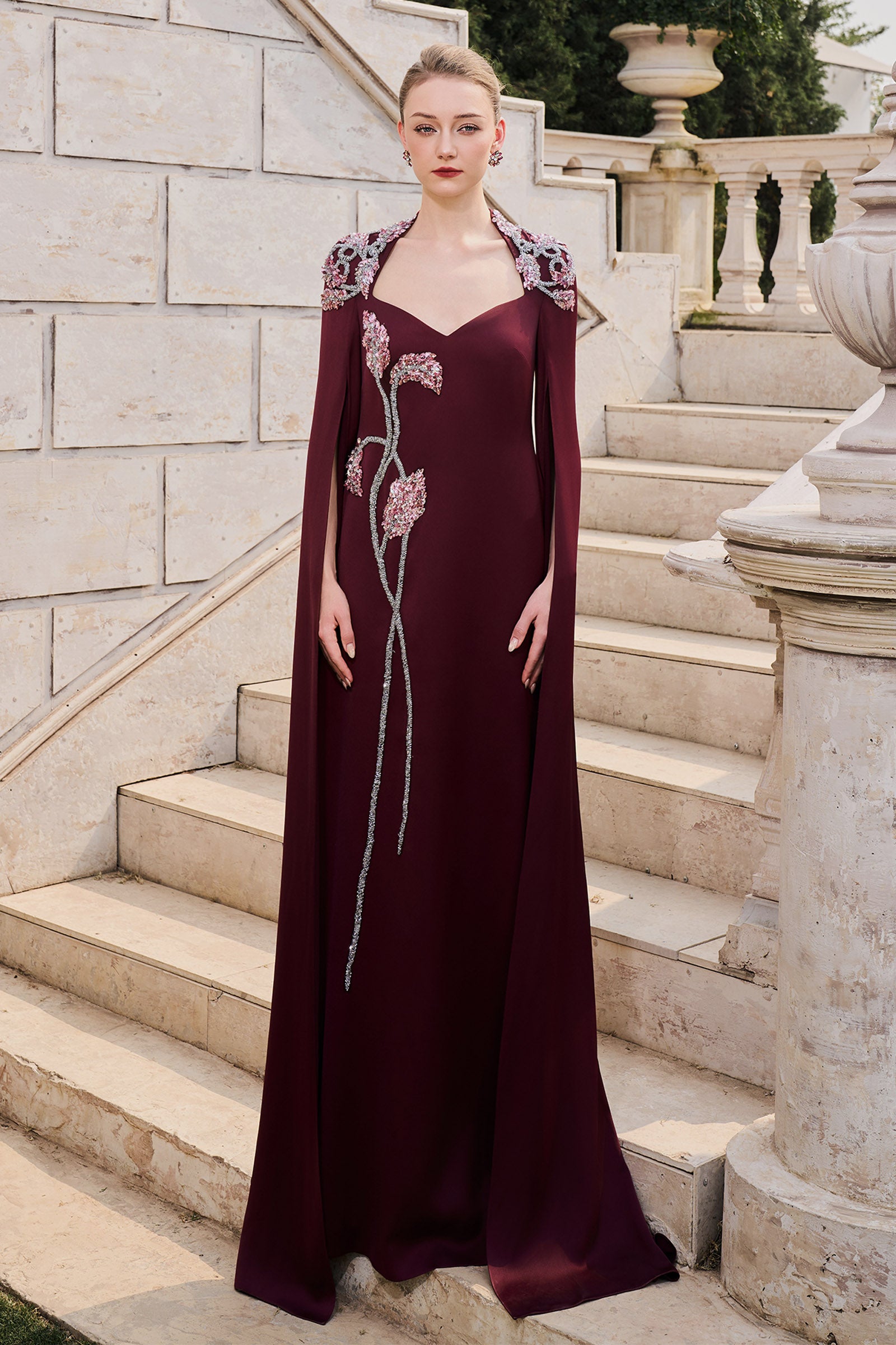 Autumn Cape Sleeve Maxi Dress Burgundy / Customize