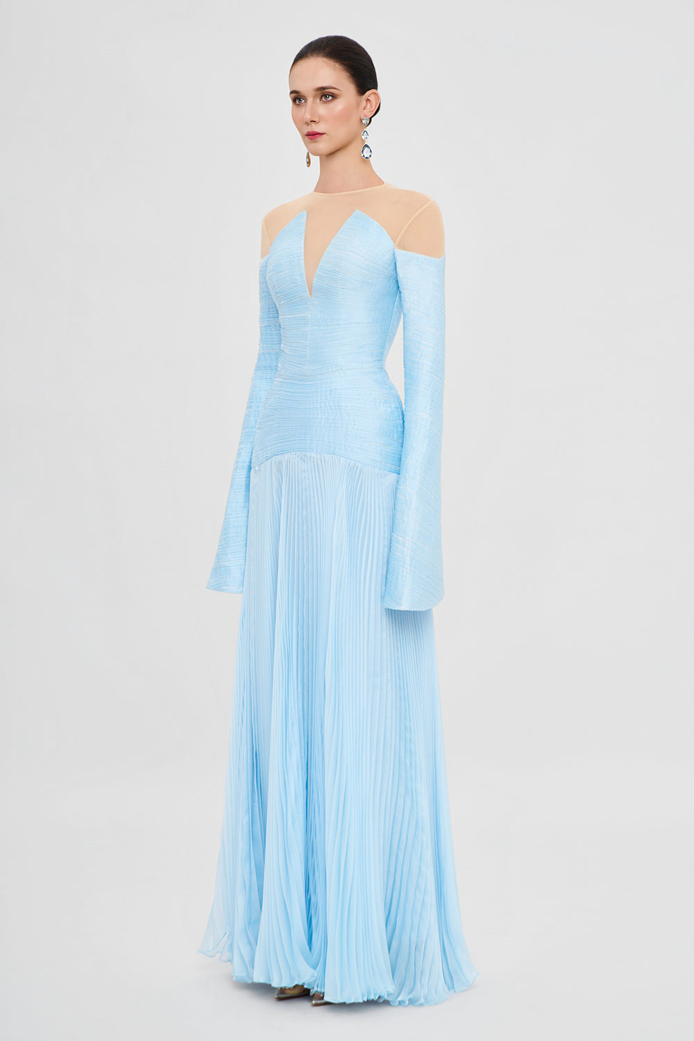 Azure Rhapsody Wide Sleeve Pleated Maxi Dress Sky Blue / M