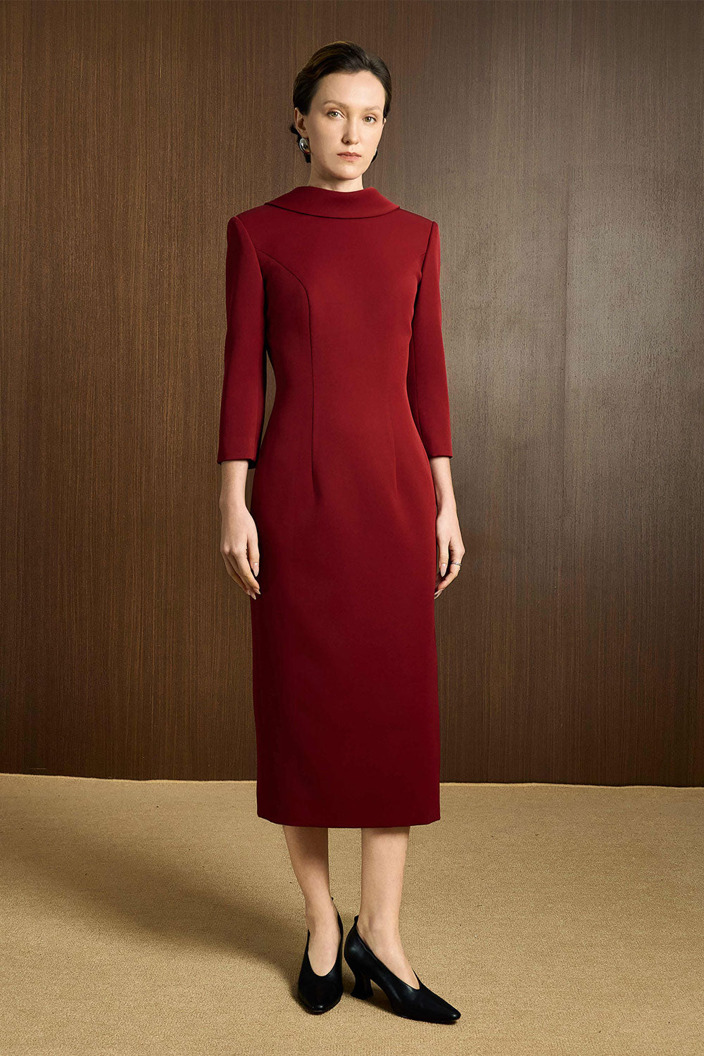 Rum Sheath Long Sleeved Twill Midi Dress