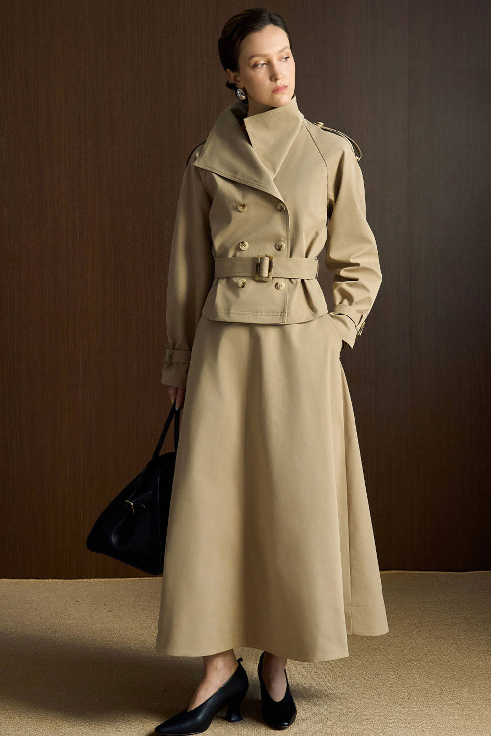 Daylight Flared Side Pocket Khaki Ankle Length Skirt