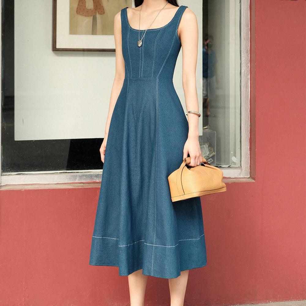 Turin A-line Loose Strap Cotton Denim Calf Length Dress