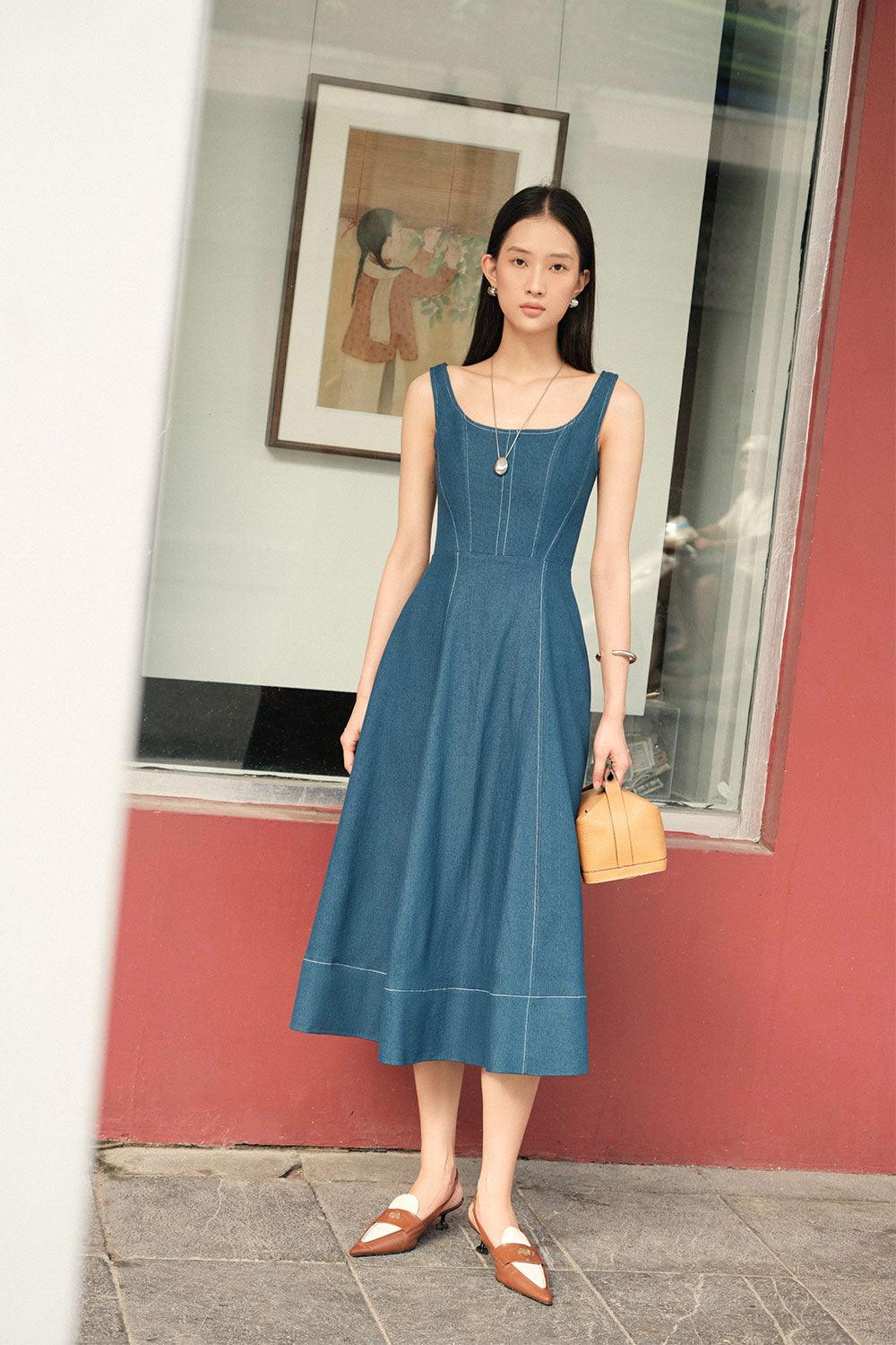Turin A-line Loose Strap Cotton Denim Calf Length Dress Midnight Blue / S