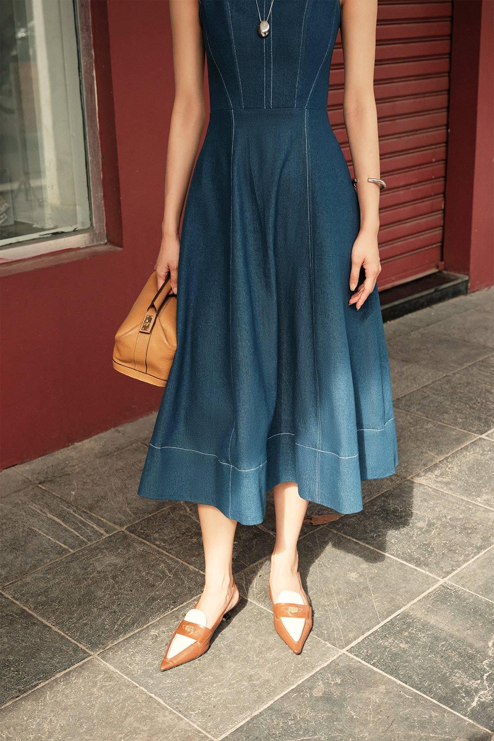 Turin A-line Loose Strap Cotton Denim Calf Length Dress