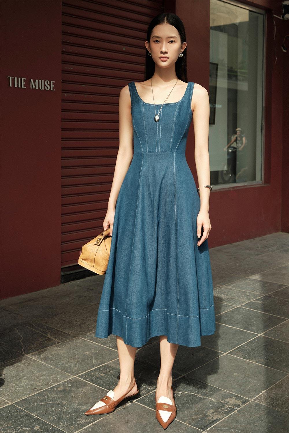 Turin A-line Loose Strap Cotton Denim Calf Length Dress