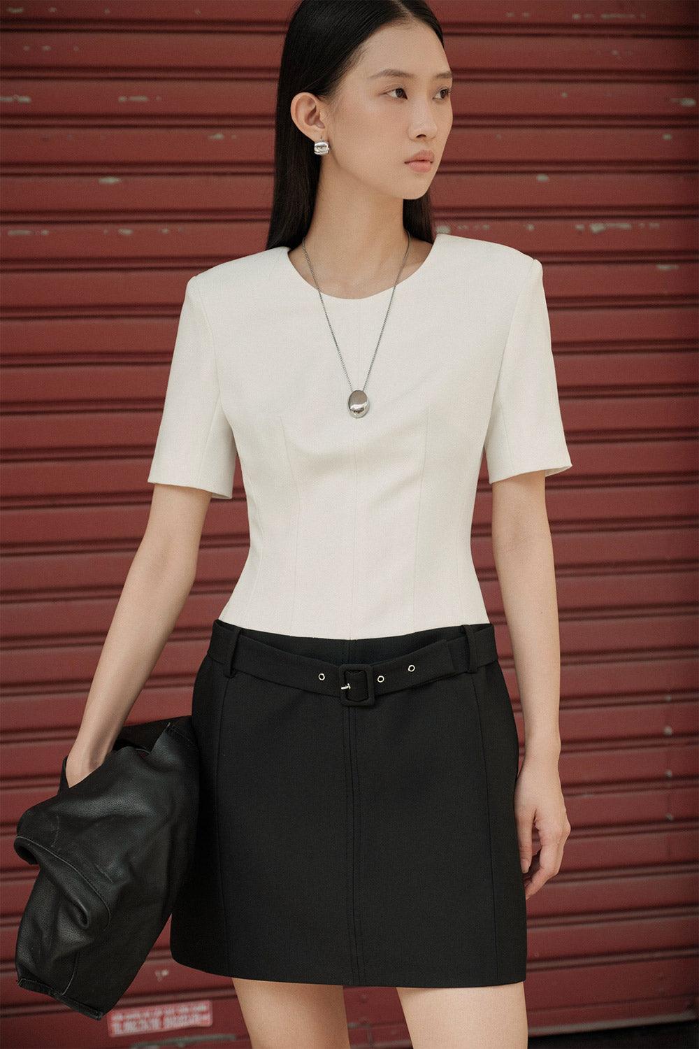 Rayne Drop Waist Round Neck Twill Crepe Mini Dress