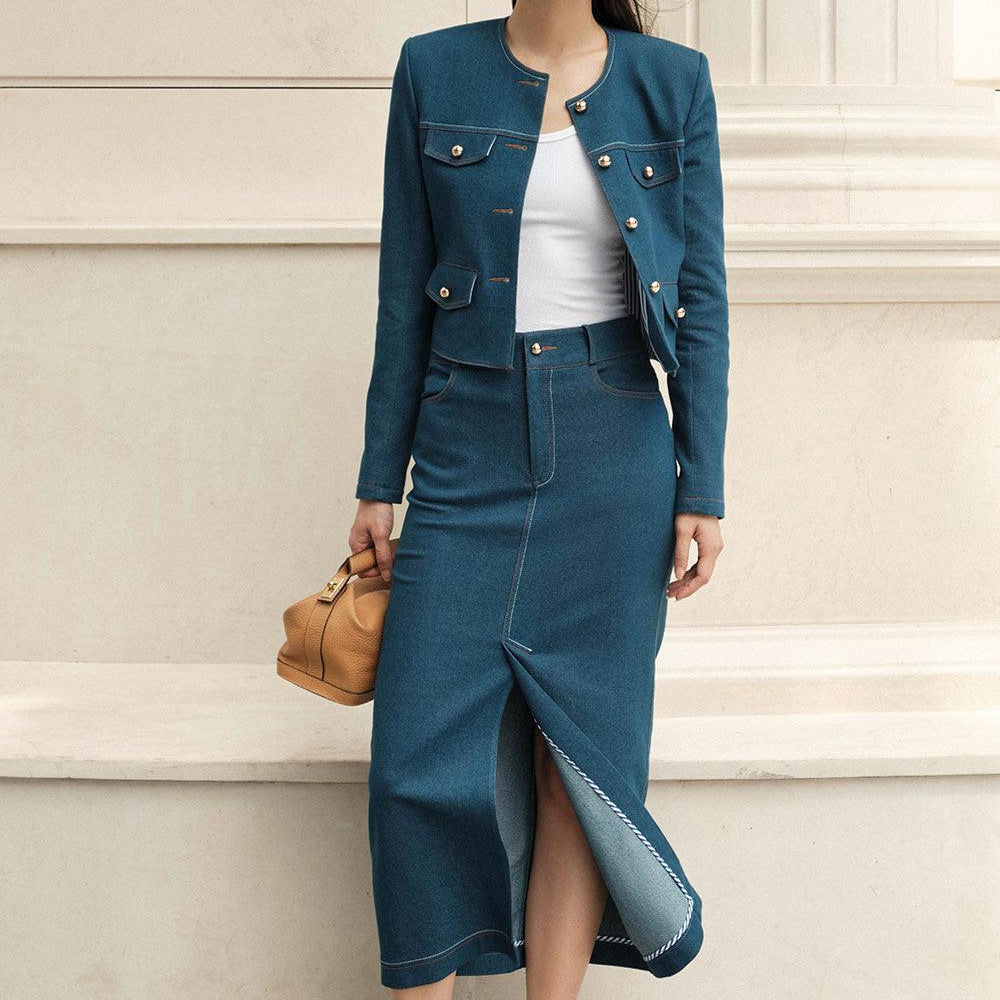 Joanna Pencil Front Slit Cotton Denim Midi Skirt